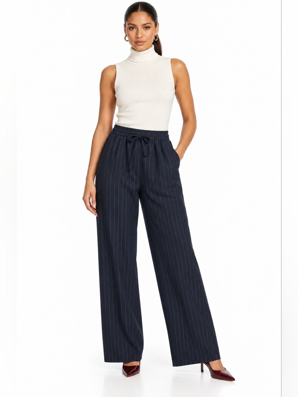 Sandro Paris Pinstripe Wool Blend Wide Leg Drawstring Trousers FR 42 US 10
